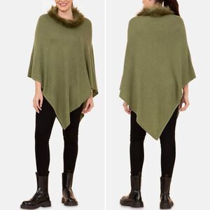 NWT La Marey 100% Cashmere Poncho Sweater Faux Fur Trim One Size Olive Green NEW